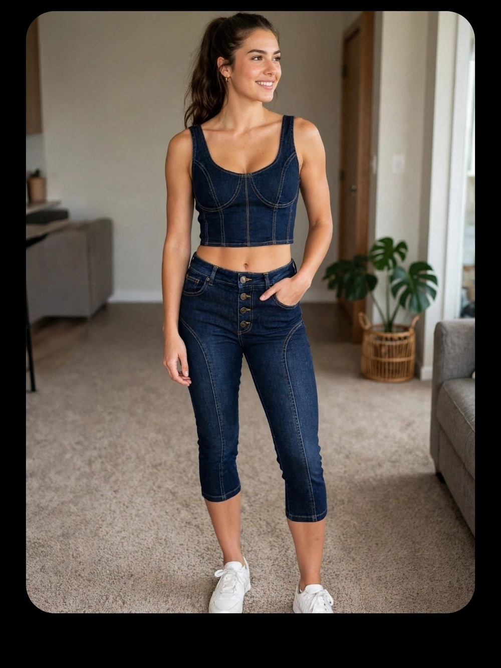 Fashion Nova Dark Blue Denim Crop Tank & Capris Set